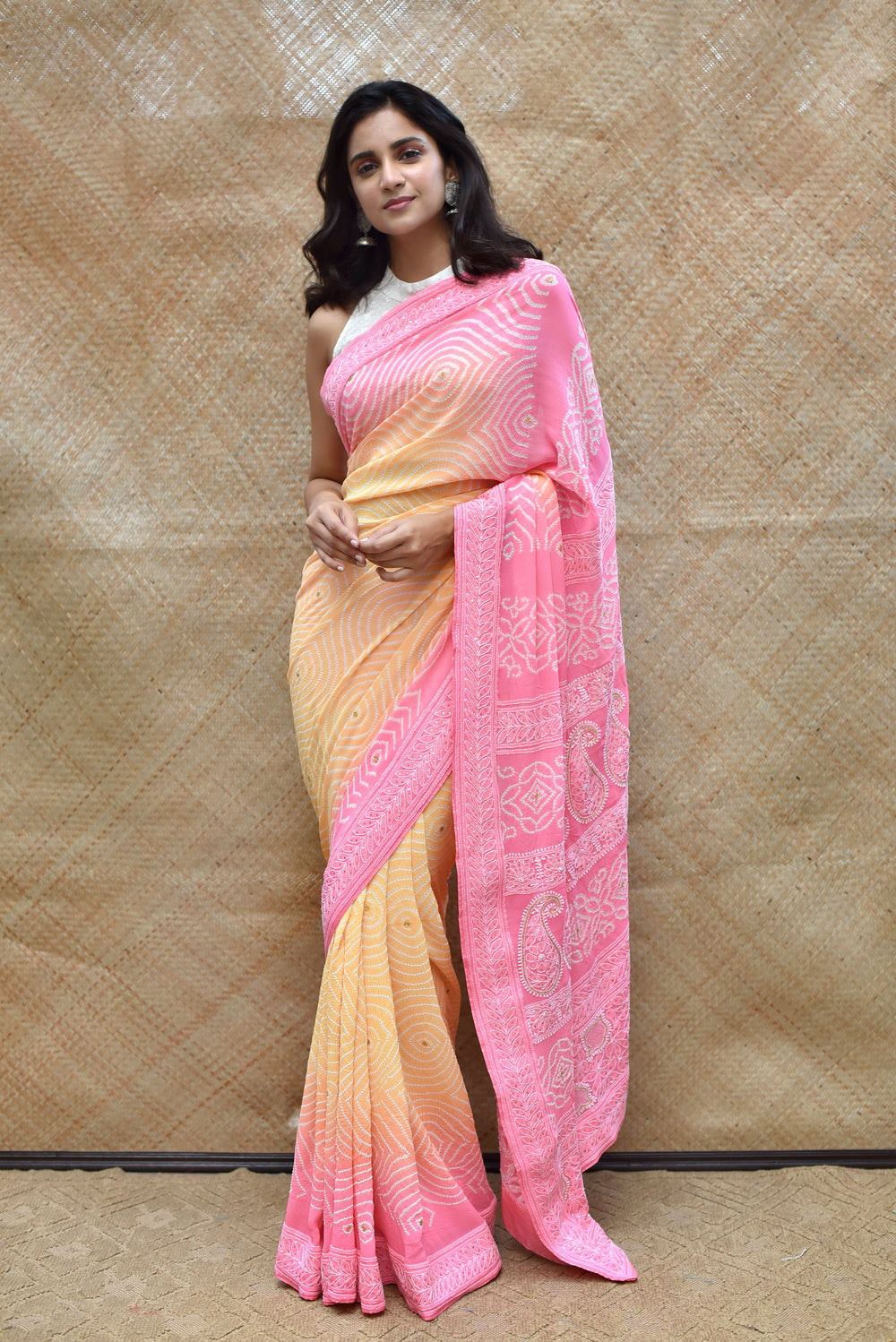 Bandhani and Chikankari Saree - Yellow Pink