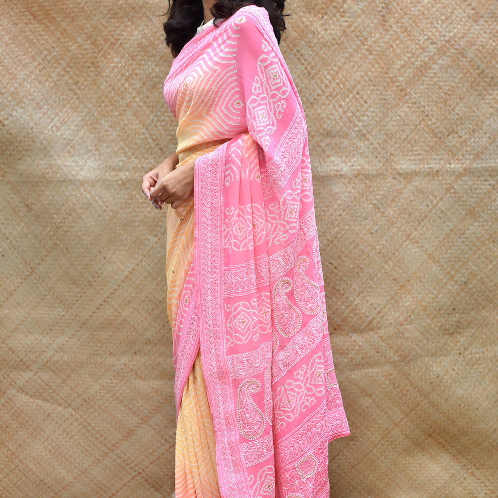 Bandhani and Chikankari Saree - Yellow Pink