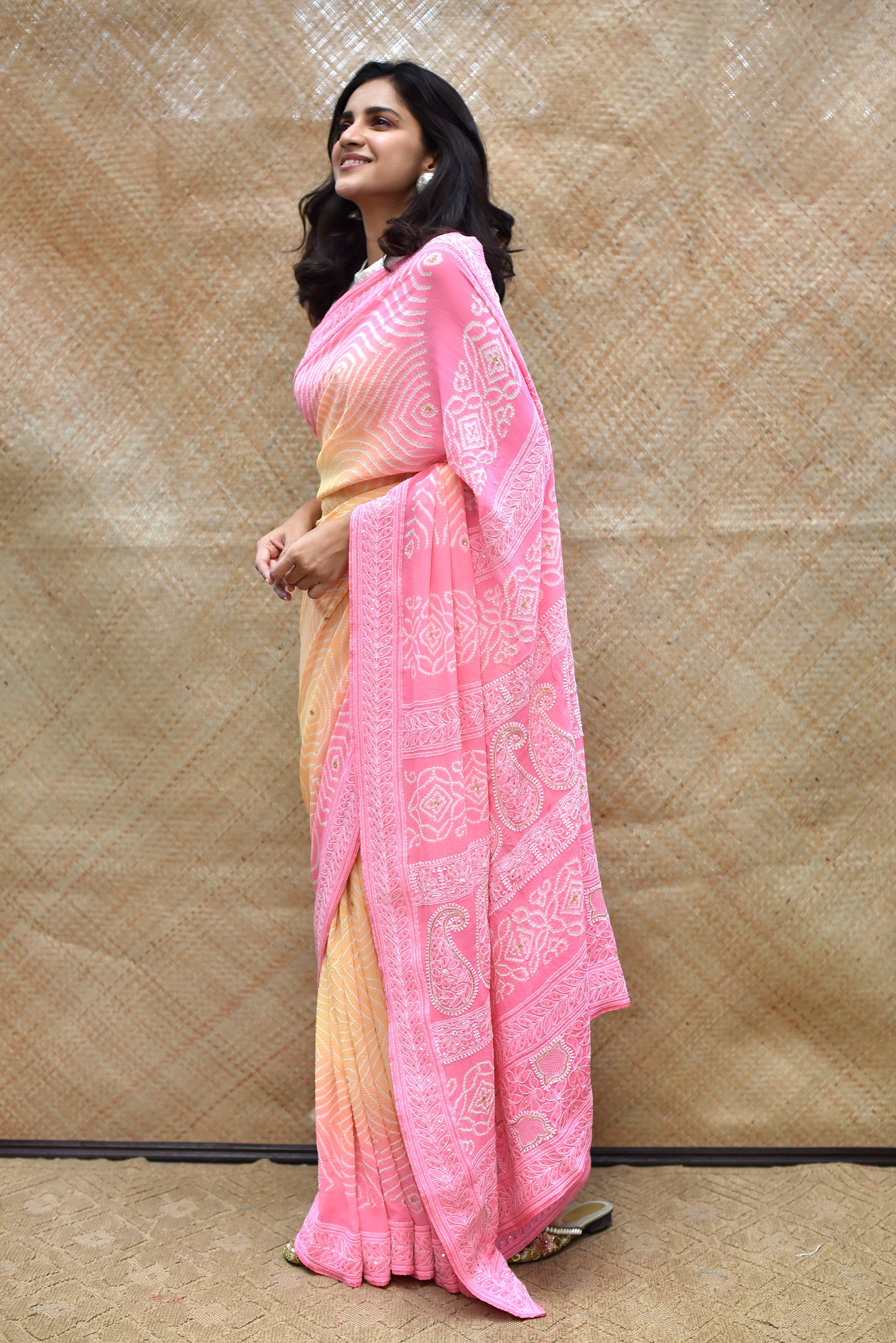 Bandhani and Chikankari Saree - Yellow Pink