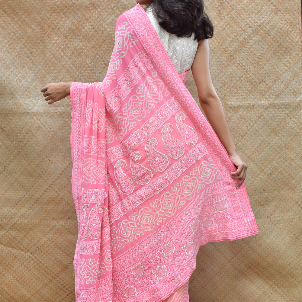 
                      
                        Bandhani and Chikankari Saree - Yellow Pink
                      
                    