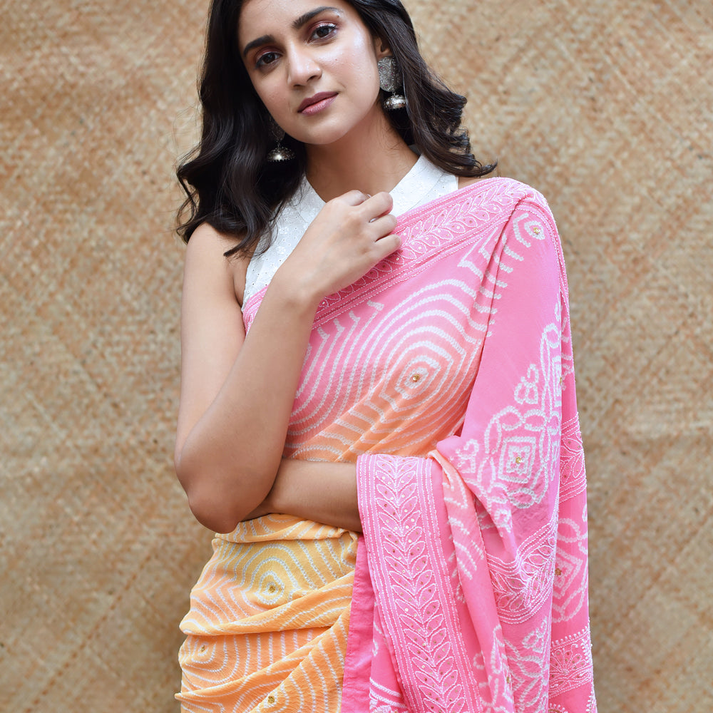 
                      
                        Bandhani and Chikankari Saree - Yellow Pink
                      
                    