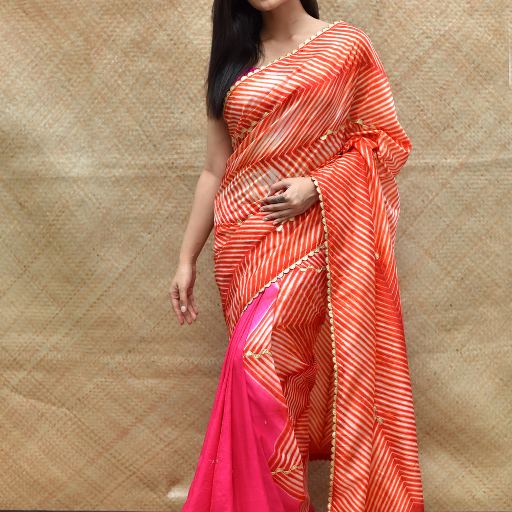 Arashi on Pure Silk Saree with Gota Patti - Fluorescent Pink Burnt Red