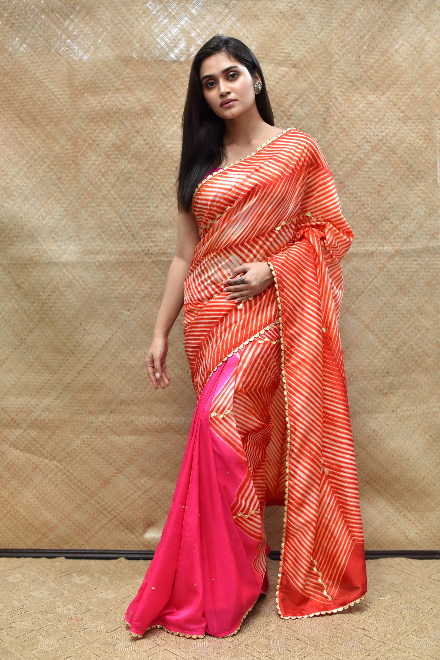 Arashi on Pure Silk Saree with Gota Patti - Fluorescent Pink Burnt Red