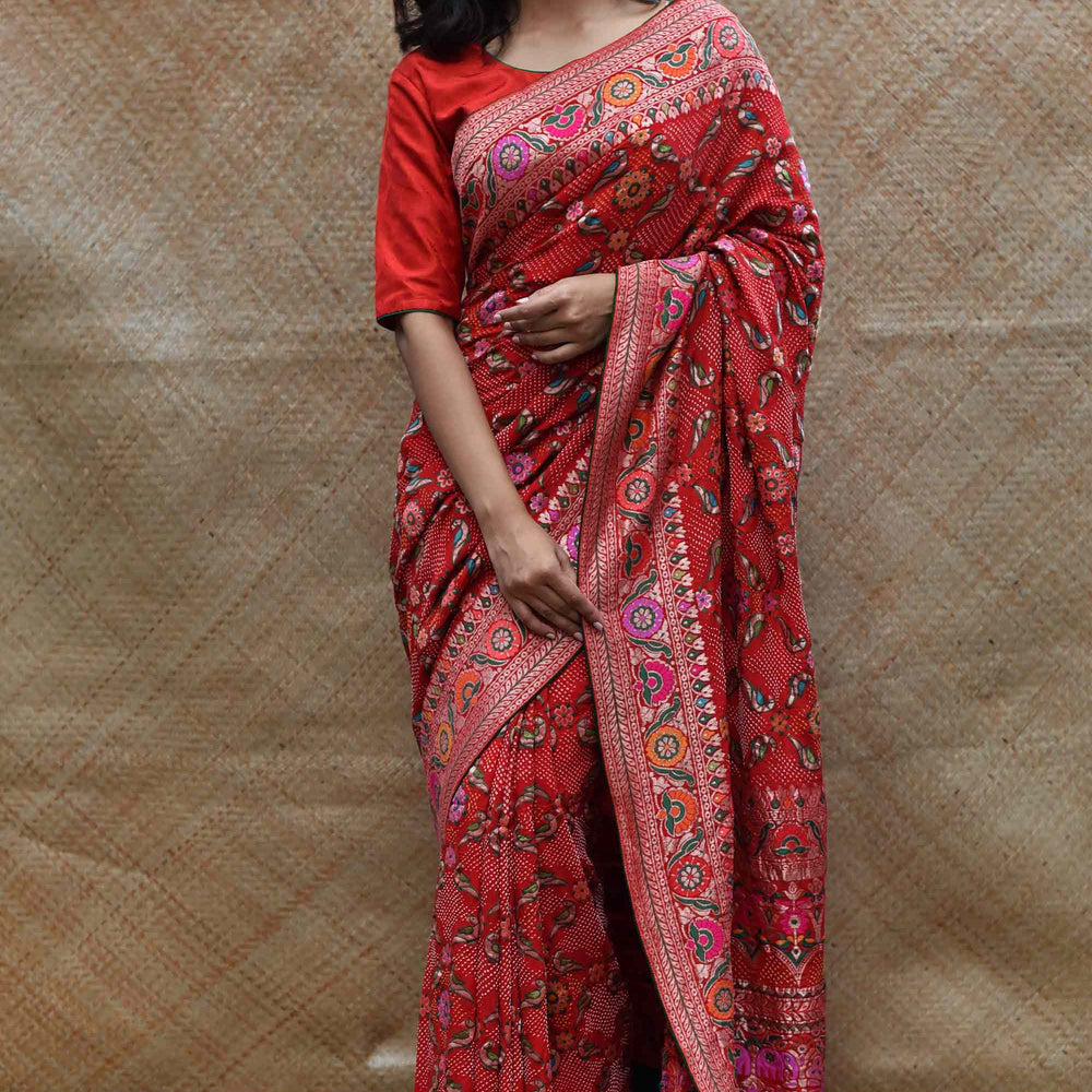 
                      
                        Bright Red Meenakari Banarasi Bandhani Saree
                      
                    