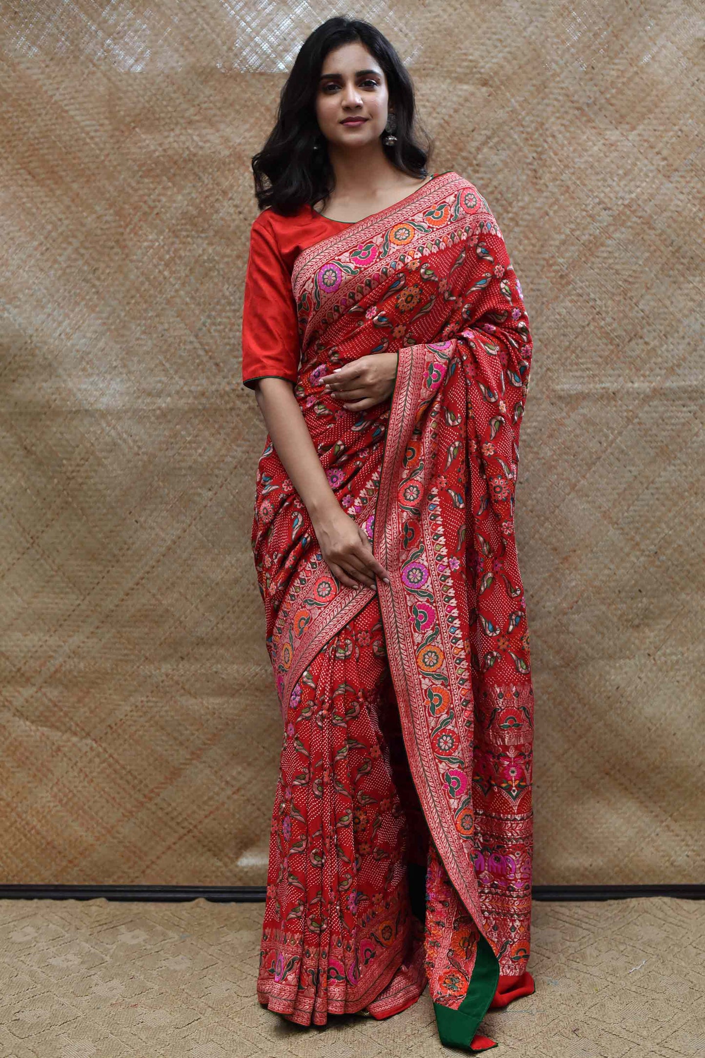 Bright Red Meenakari Banarasi Bandhani Saree