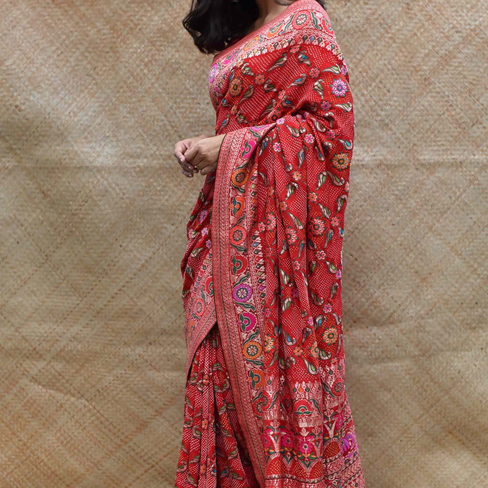 
                      
                        Bright Red Meenakari Banarasi Bandhani Saree
                      
                    