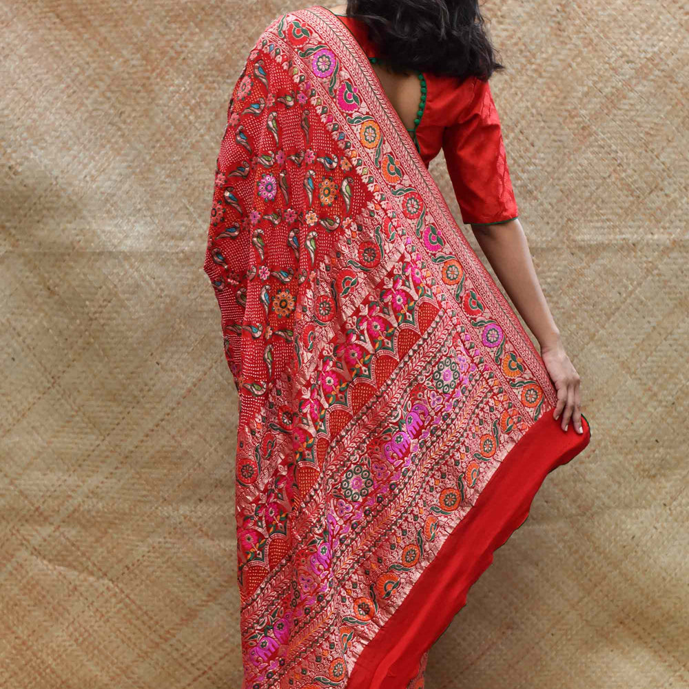 
                      
                        Bright Red Meenakari Banarasi Bandhani Saree
                      
                    