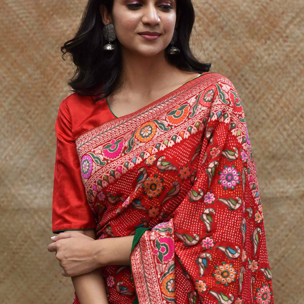 
                      
                        Bright Red Meenakari Banarasi Bandhani Saree
                      
                    