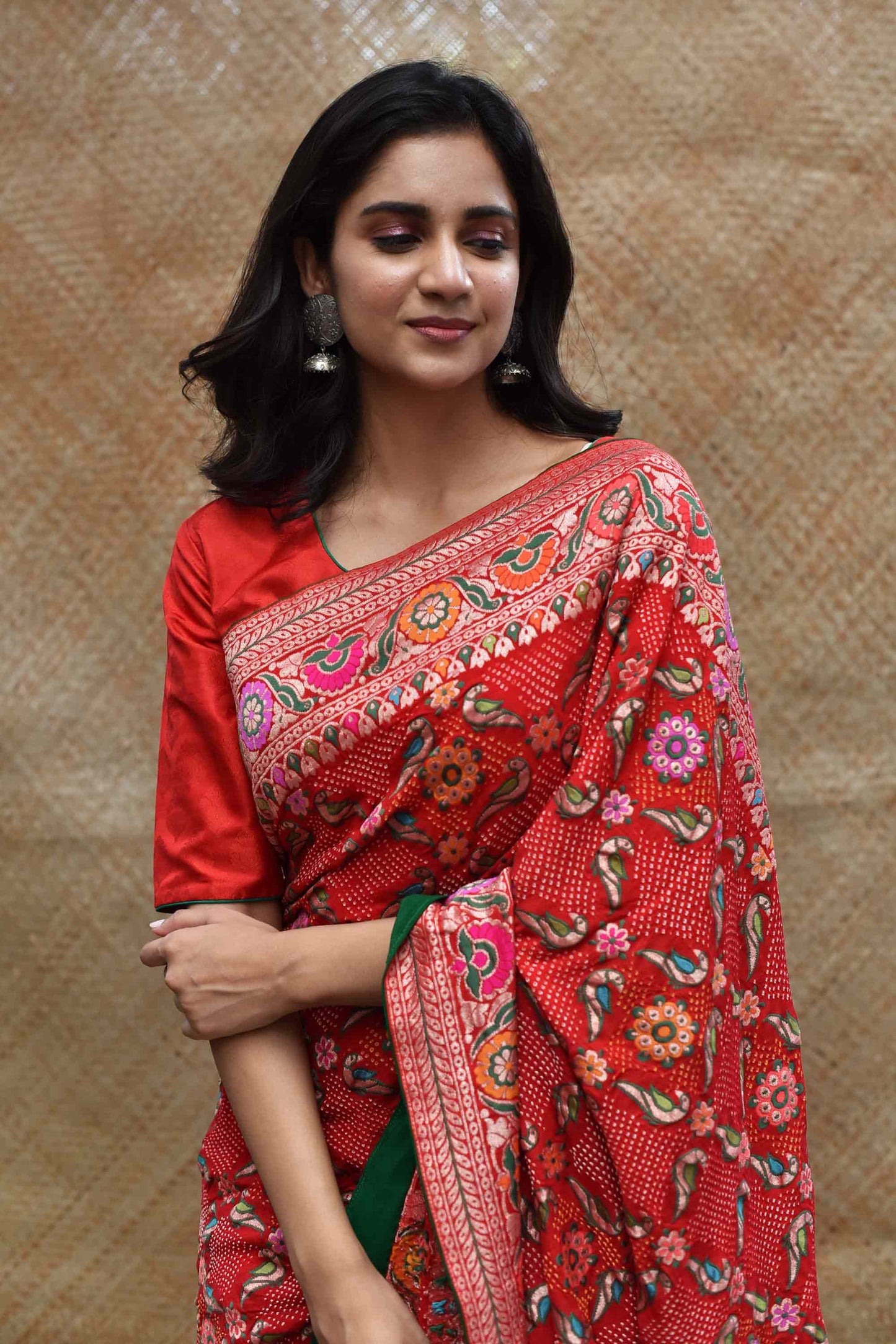 Bright Red Meenakari Banarasi Bandhani Saree