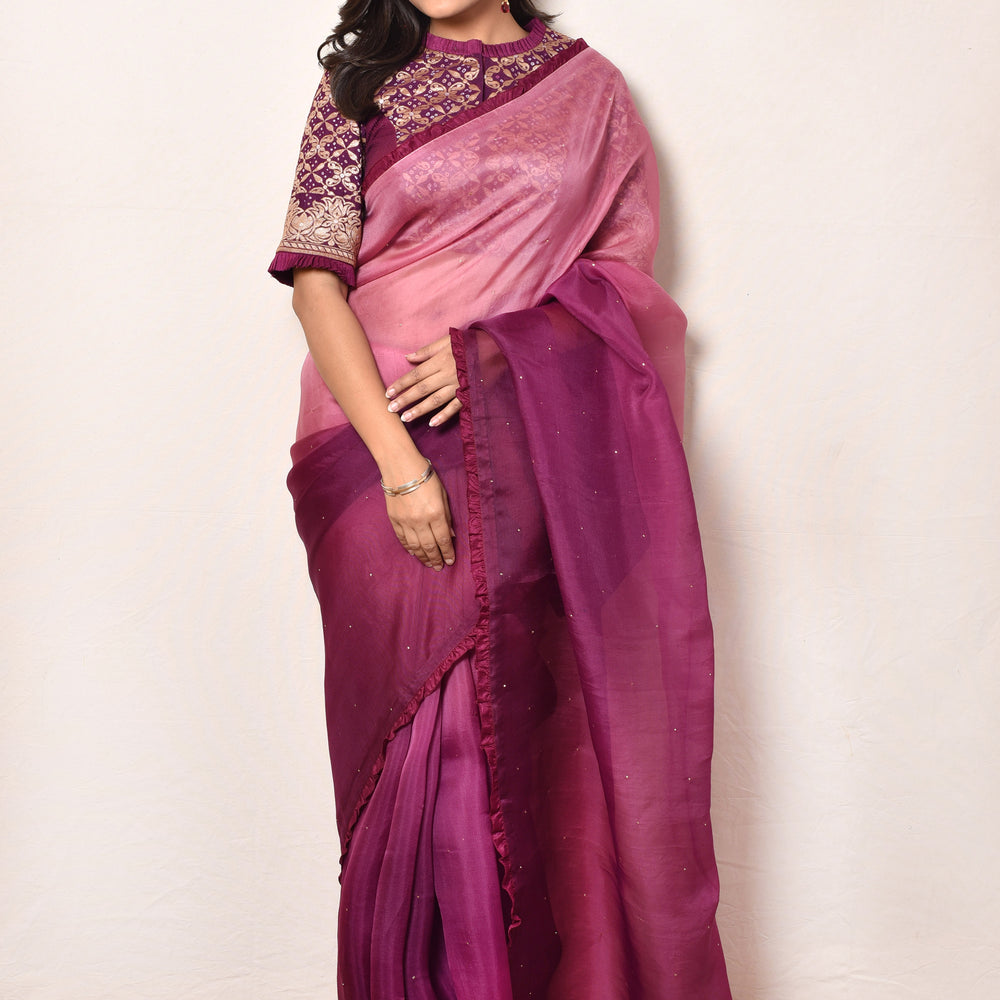 Shaded Organza Saree with Bandhani Blouse - Purple