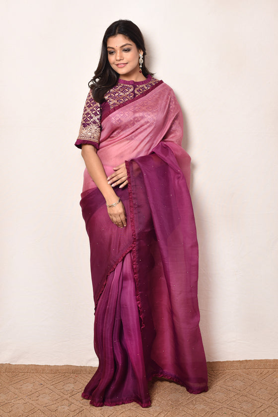Shaded Organza Saree with Bandhani Blouse - Purple