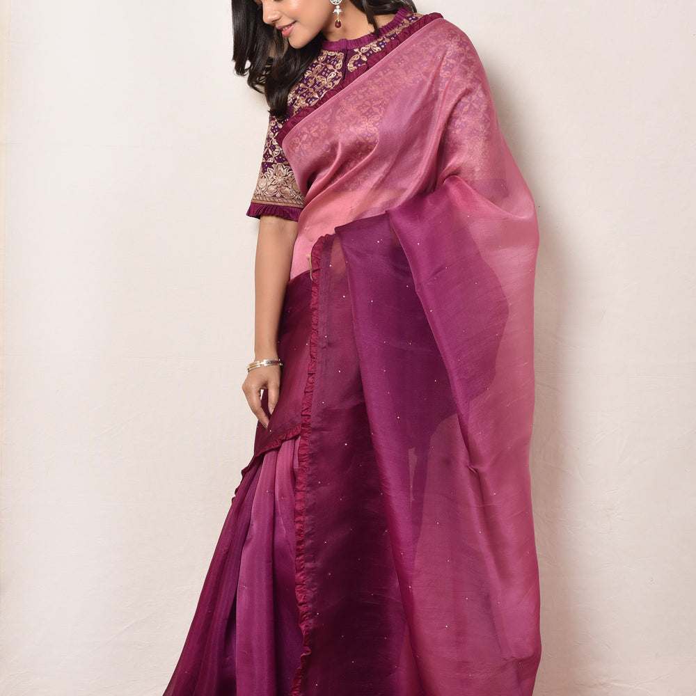 Shaded Organza Saree with Bandhani Blouse - Purple