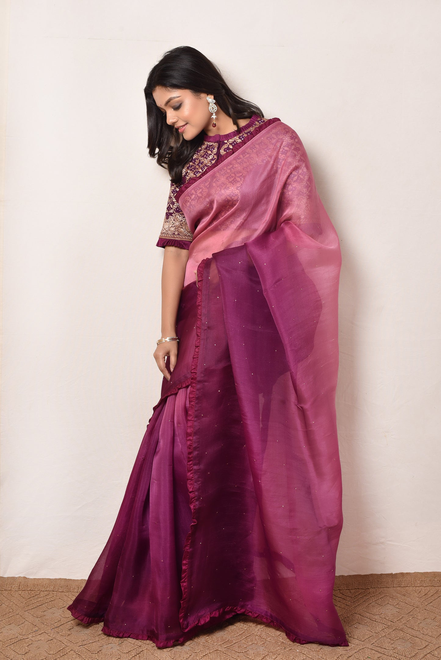 Shaded Organza Saree with Bandhani Blouse - Purple