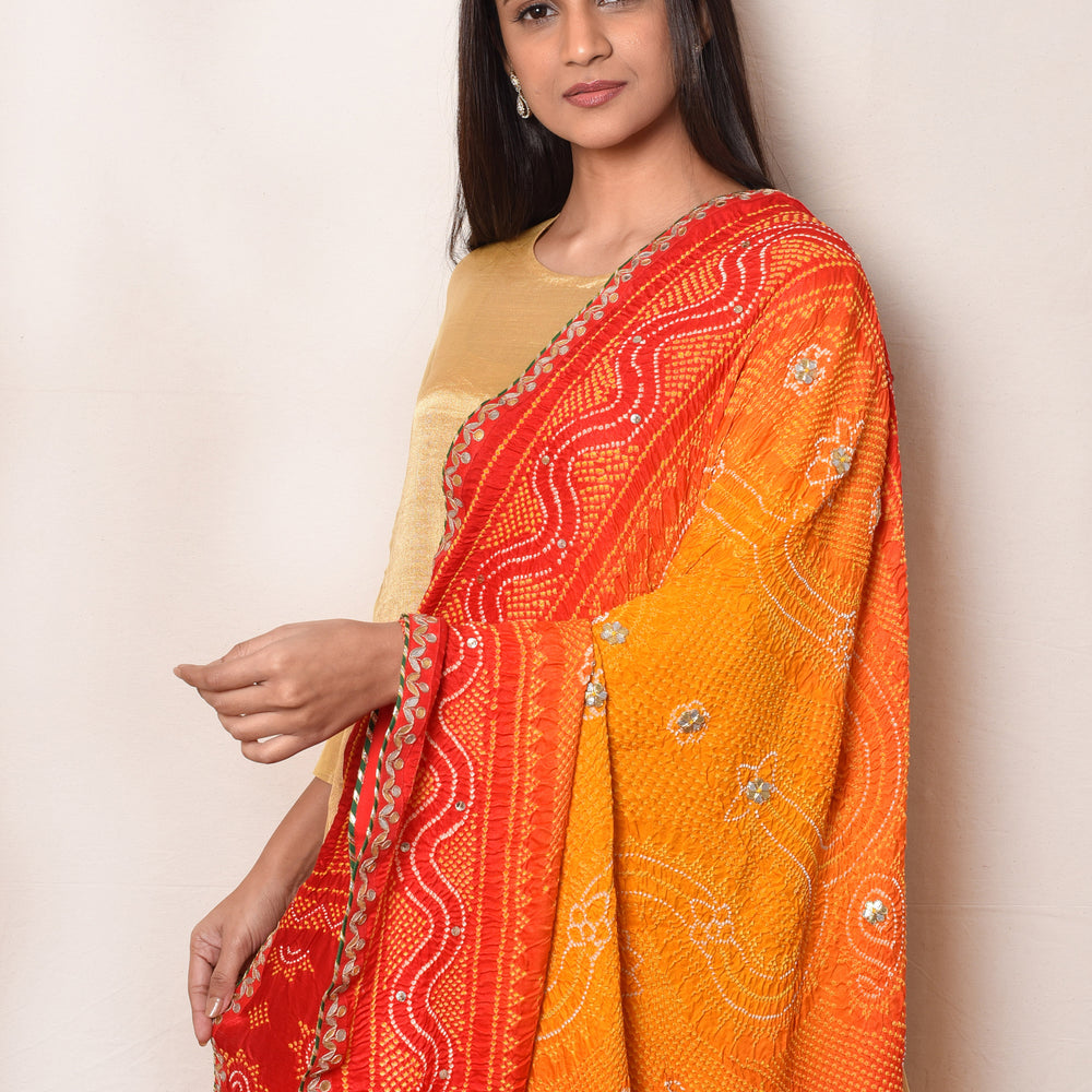 Bright Red Orange Gaji Silk Dupatta with Embroidery