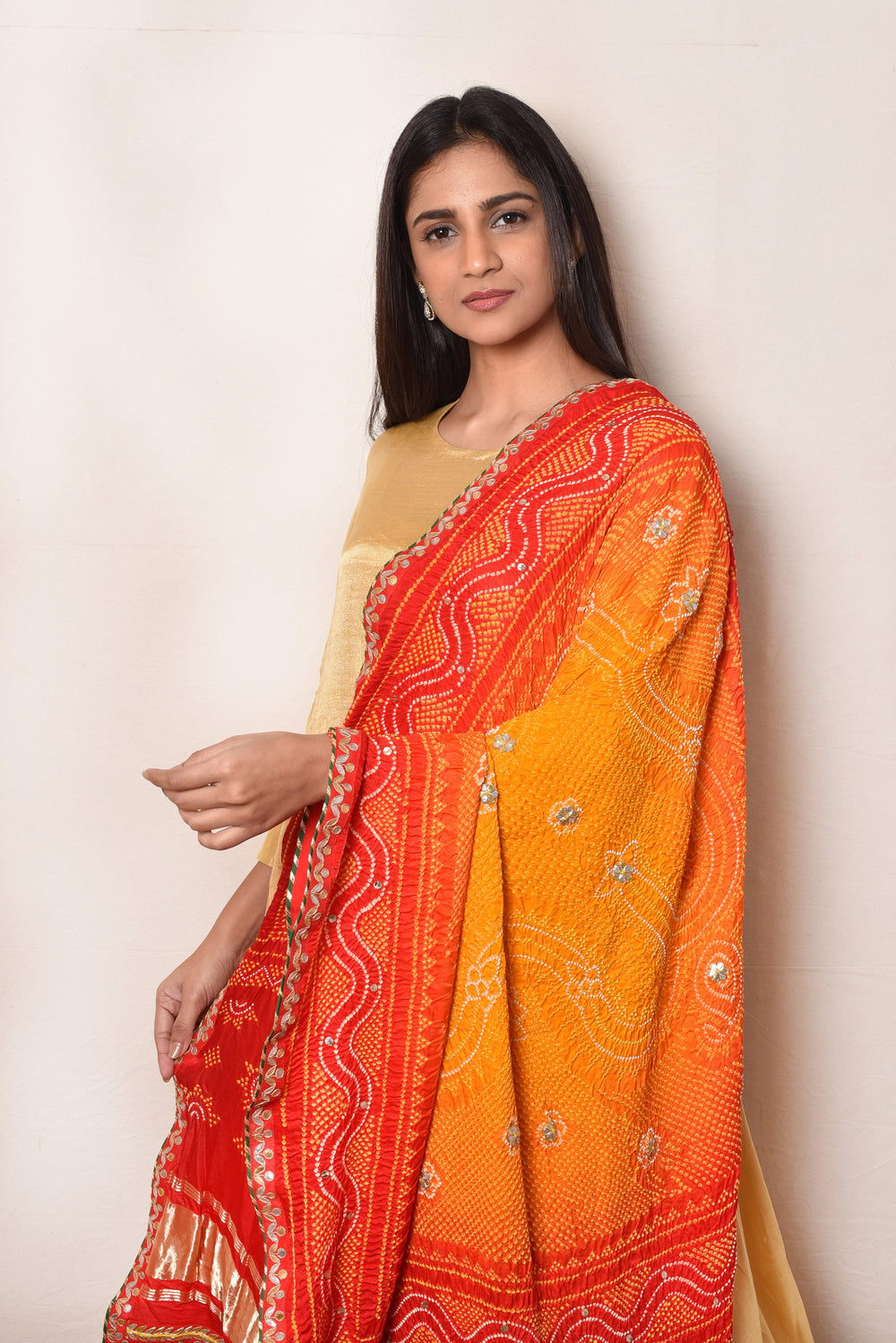 Bright Red Orange Gaji Silk Dupatta with Embroidery