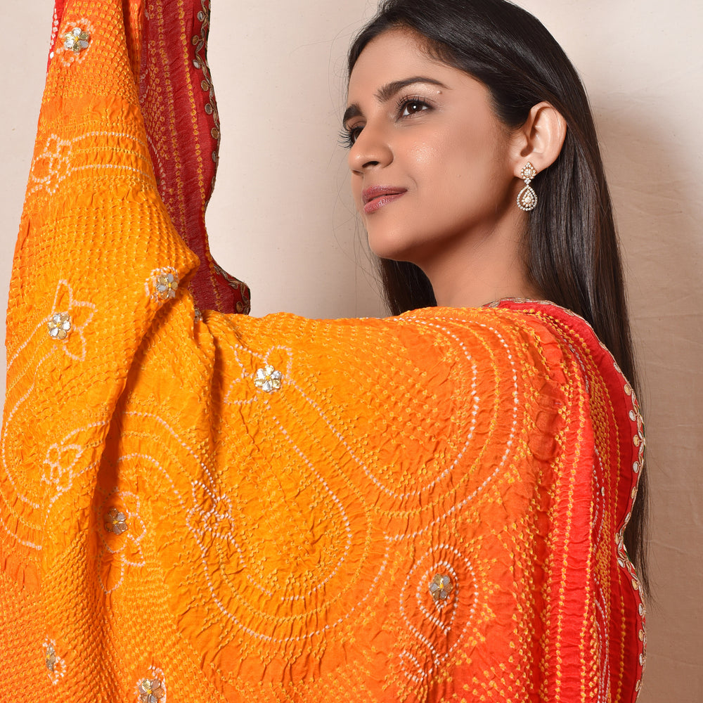 
                      
                        Bright Red Orange Gaji Silk Dupatta with Embroidery
                      
                    