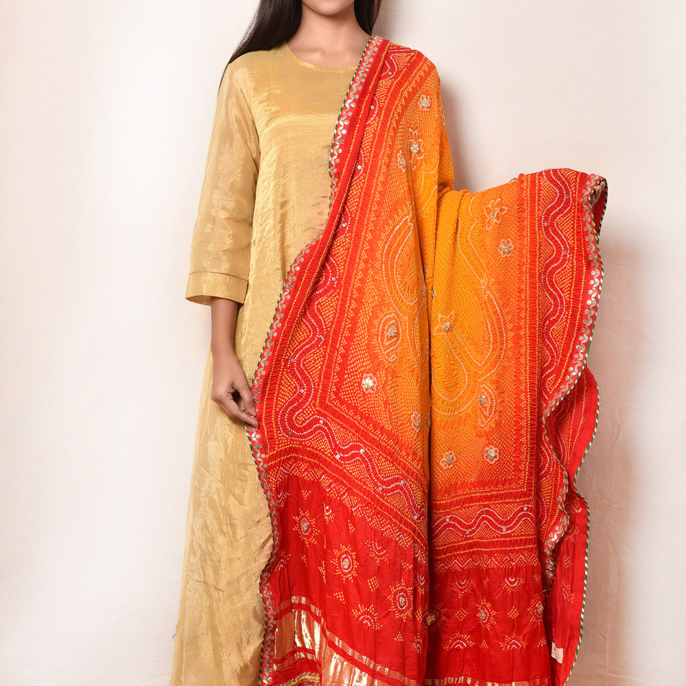 
                      
                        Bright Red Orange Gaji Silk Dupatta with Embroidery
                      
                    