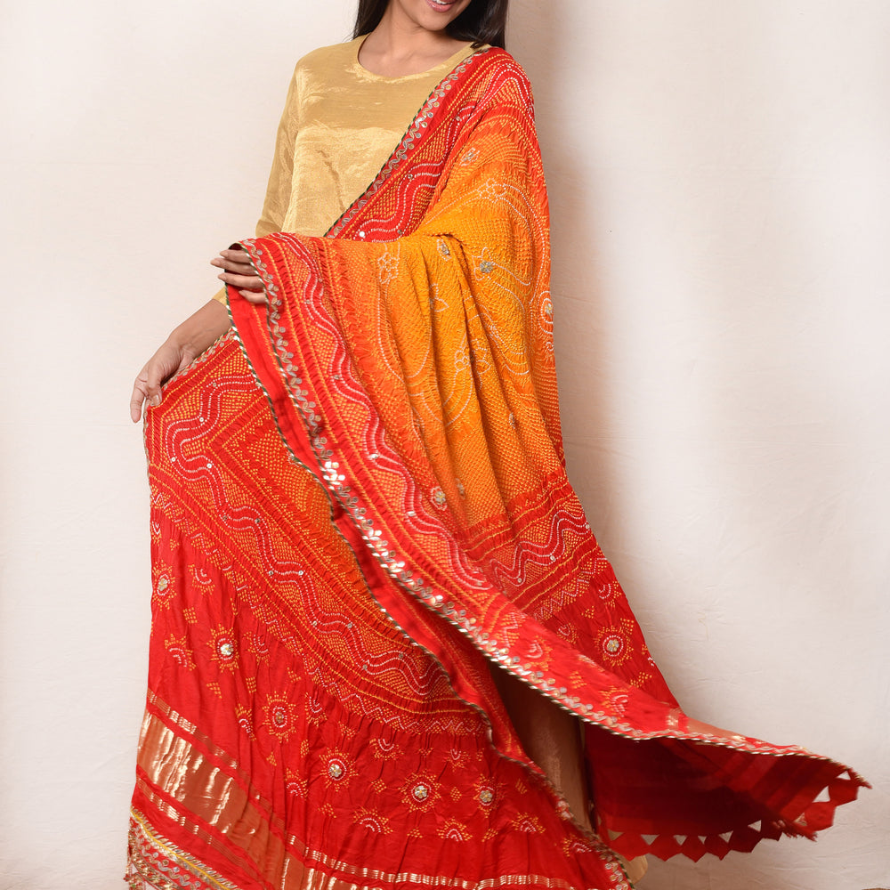 
                      
                        Bright Red Orange Gaji Silk Dupatta with Embroidery
                      
                    