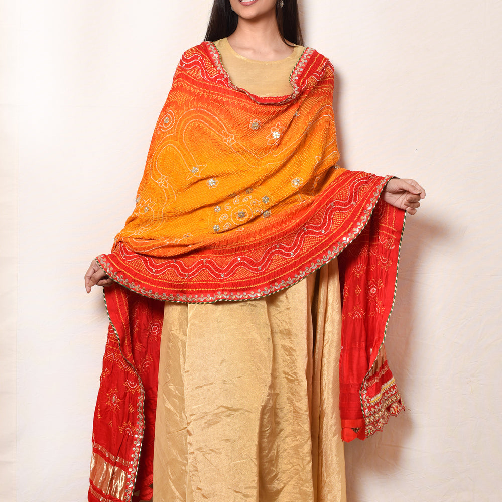 
                      
                        Bright Red Orange Gaji Silk Dupatta with Embroidery
                      
                    