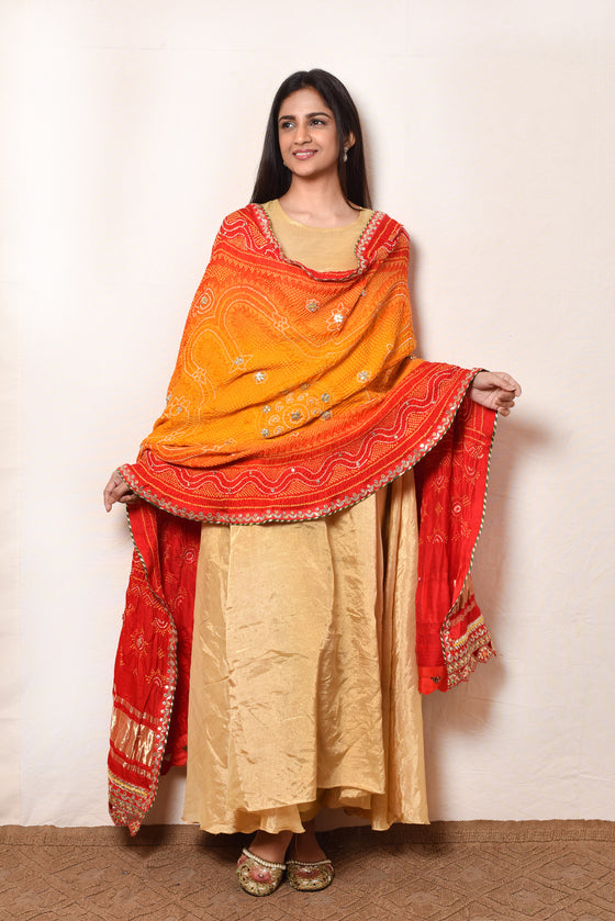Bright Red Orange Gaji Silk Dupatta with Embroidery