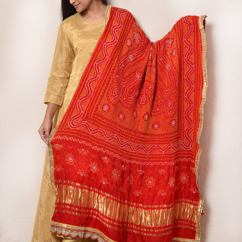 Bright Red Gaji Silk Dupatta with Embroidery