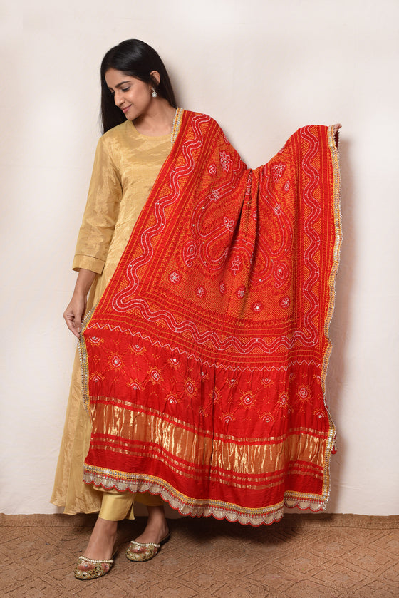 Bright Red Gaji Silk Dupatta with Embroidery