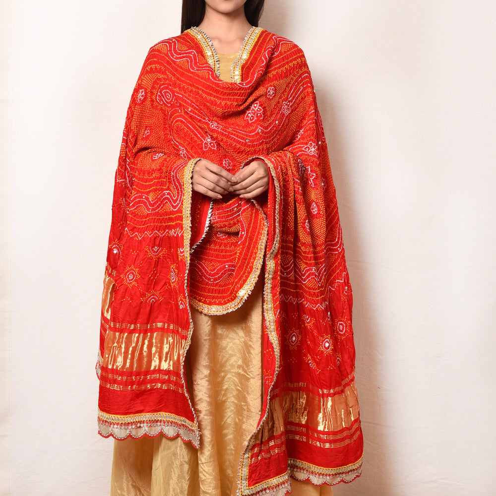 Bright Red Gaji Silk Dupatta with Embroidery