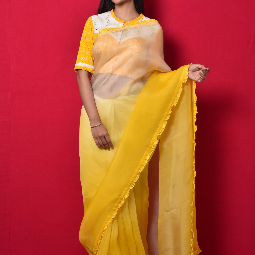 Shaded Organza Saree with Bandhani Blouse - Yellow White