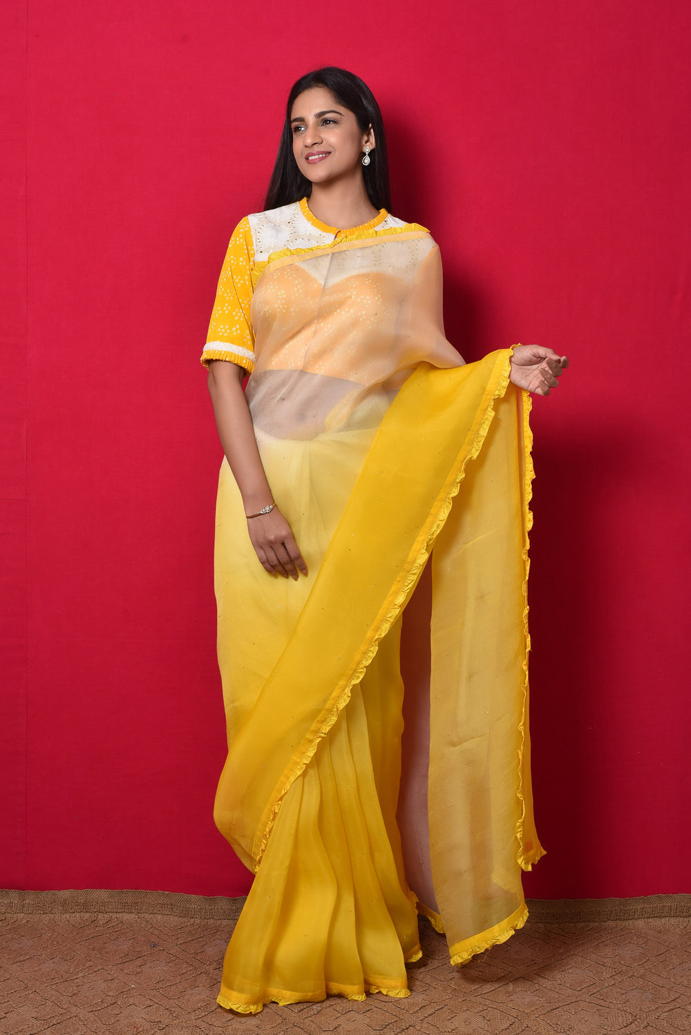 Shaded Organza Saree with Bandhani Blouse - Yellow White