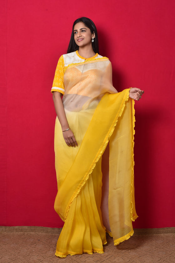 Shaded Organza Saree with Bandhani Blouse - Yellow White