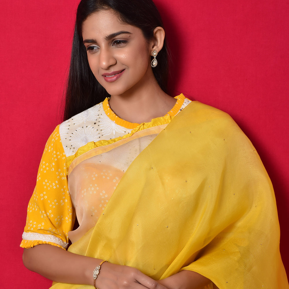 
                      
                        Shaded Organza Saree with Bandhani Blouse - Yellow White
                      
                    