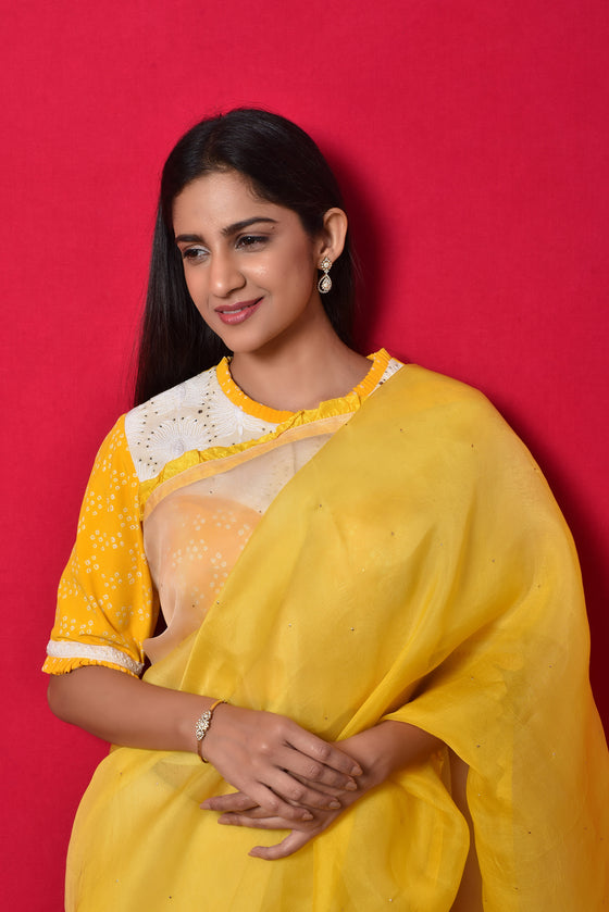 Shaded Organza Saree with Bandhani Blouse - Yellow White