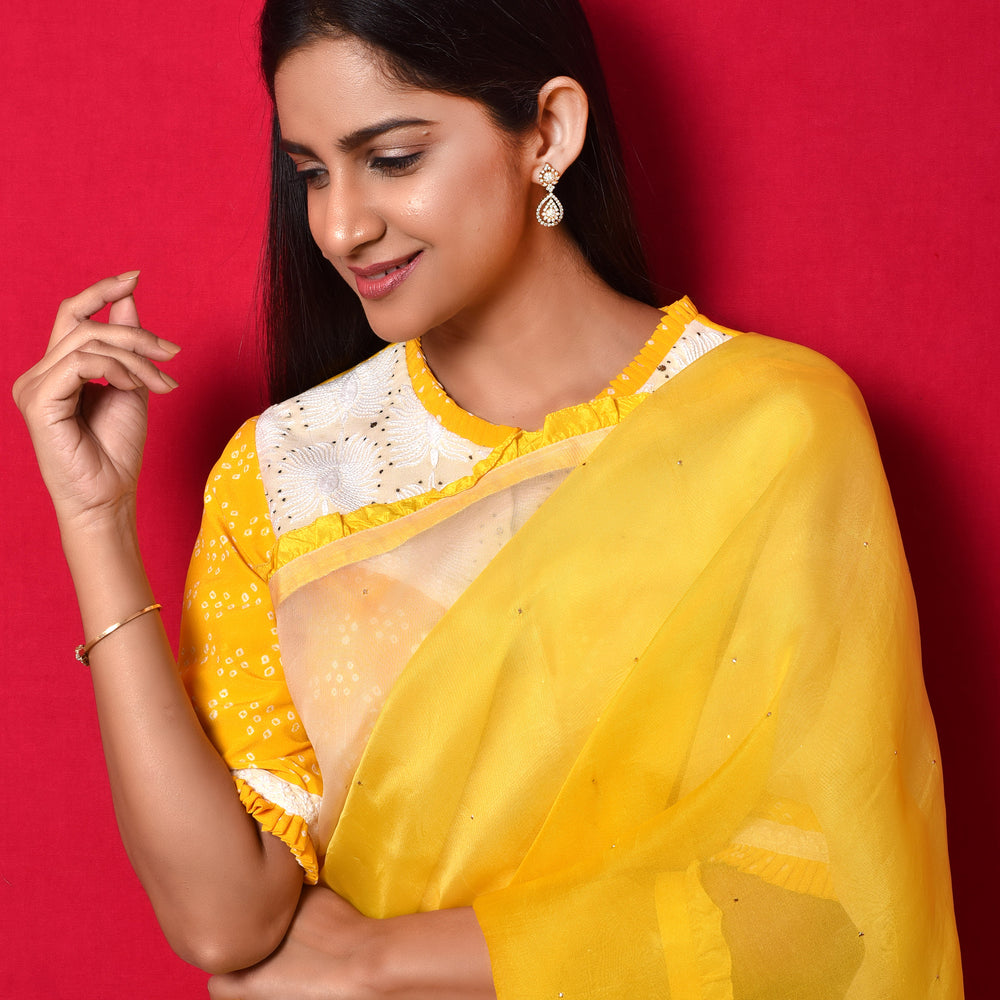 
                      
                        Shaded Organza Saree with Bandhani Blouse - Yellow White
                      
                    