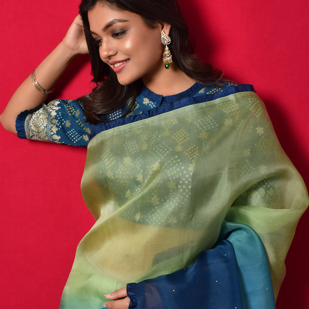 Shaded Organza Saree with Bandhani Blouse - Blue Green