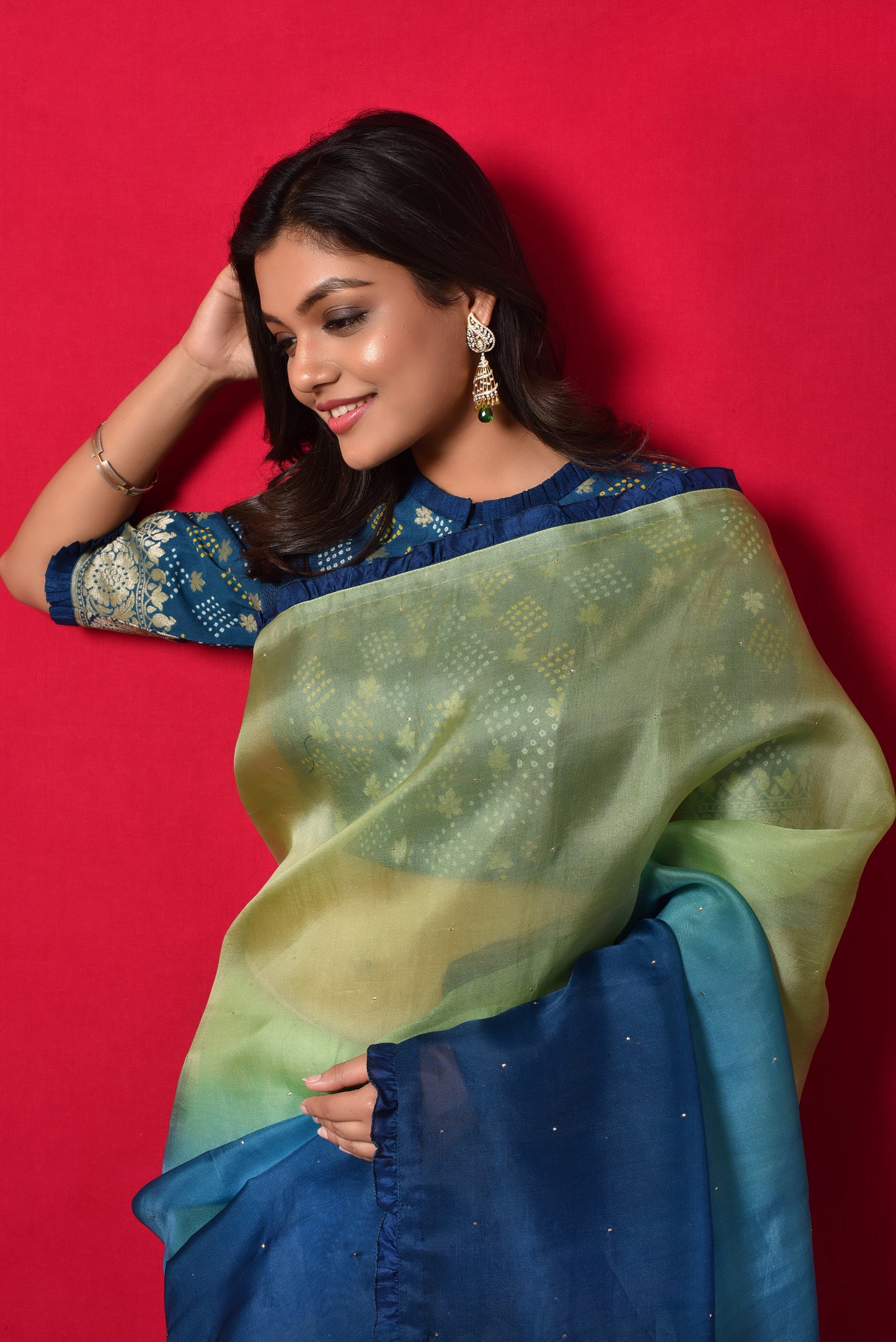 Shaded Organza Saree with Bandhani Blouse - Blue Green