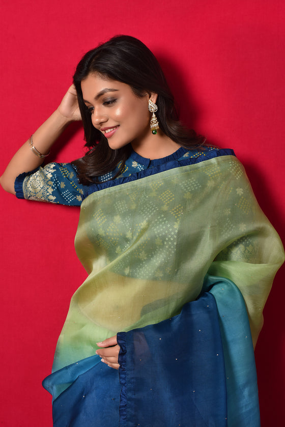 Shaded Organza Saree with Bandhani Blouse - Blue Green