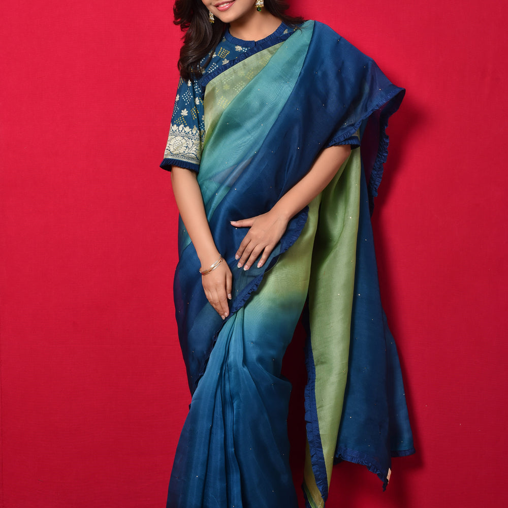 Shaded Organza Saree with Bandhani Blouse - Blue Green