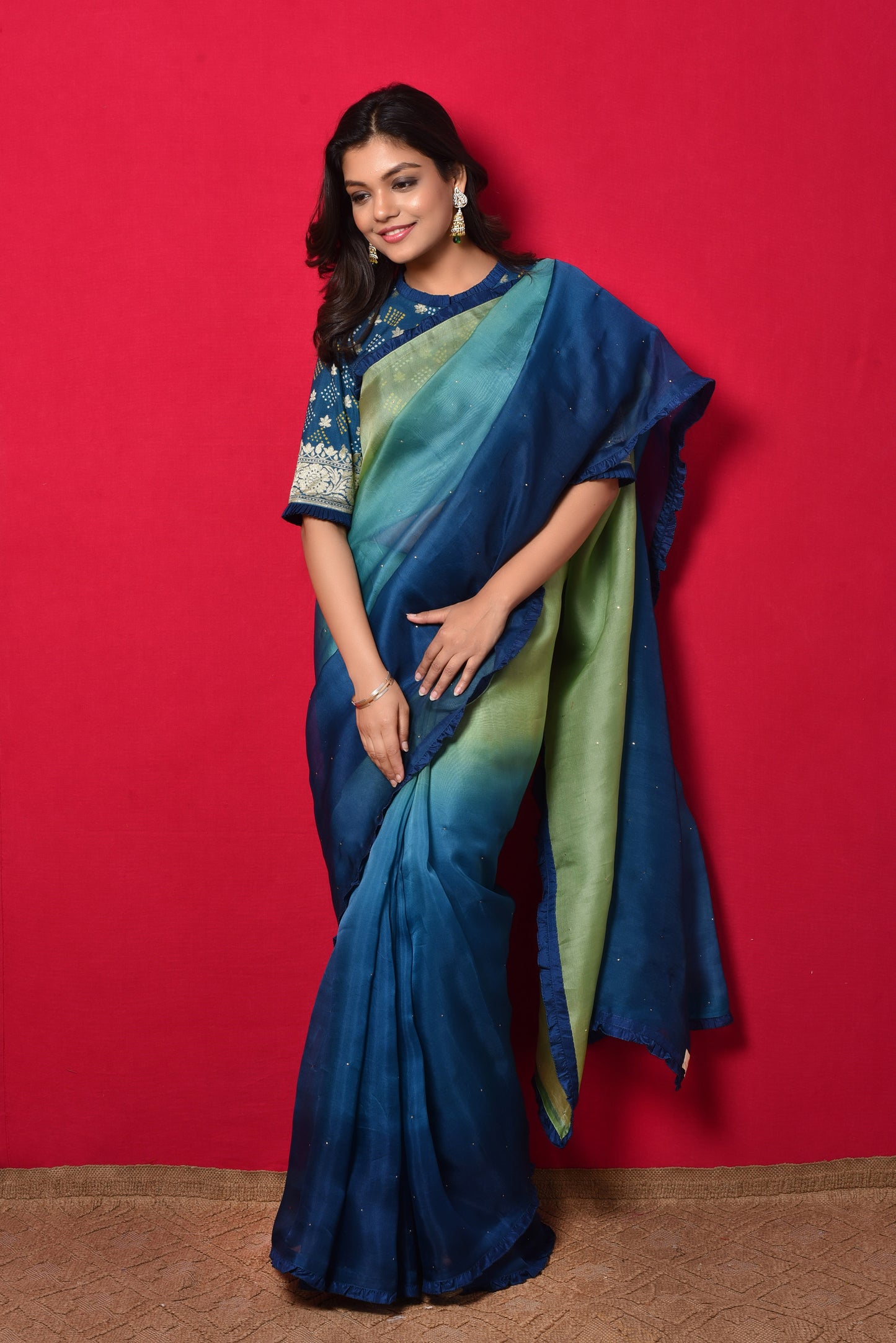 Shaded Organza Saree with Bandhani Blouse - Blue Green