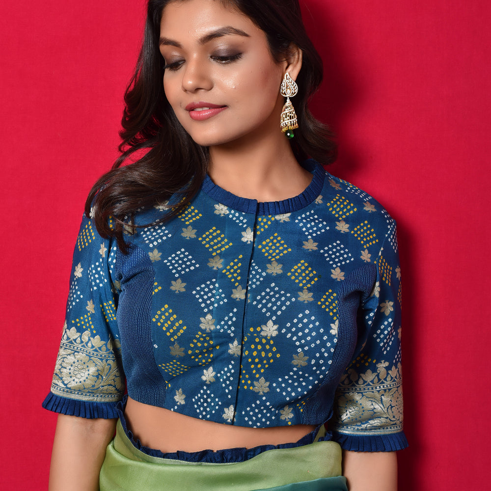 
                      
                        Shaded Organza Saree with Bandhani Blouse - Blue Green
                      
                    