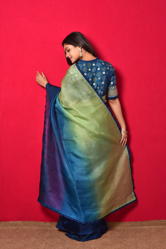 Shaded Organza Saree with Bandhani Blouse - Blue Green