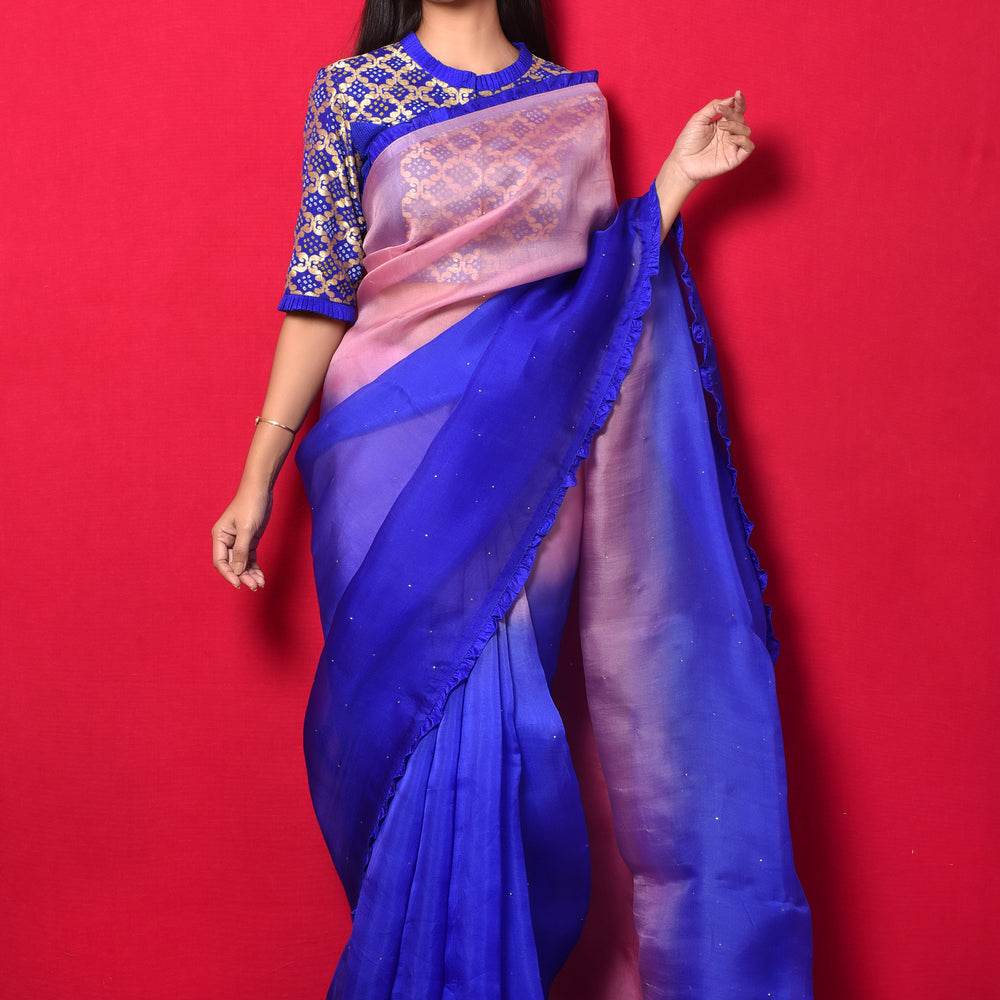 Shaded Organza Saree with Bandhani Blouse - Blue Pink