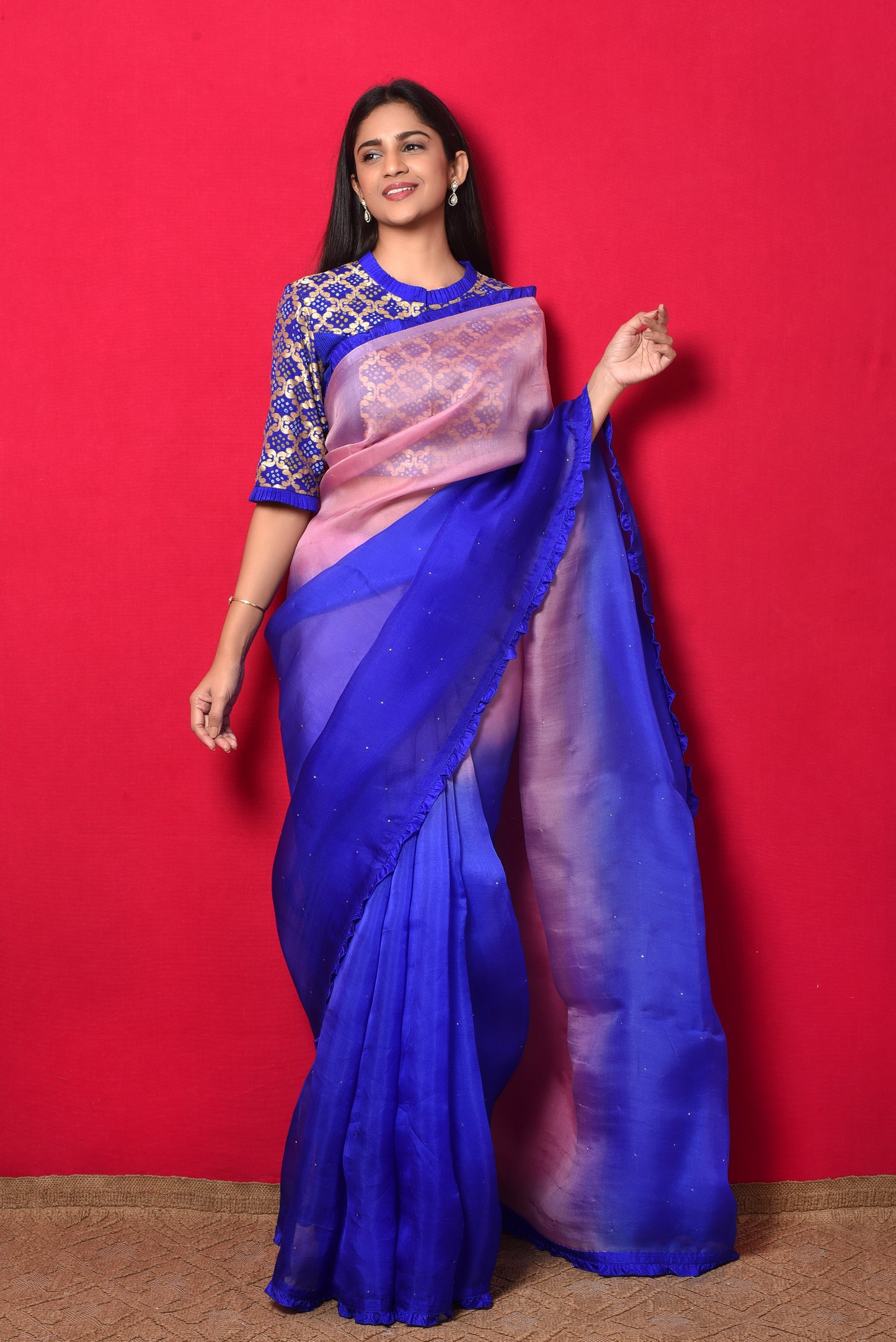 Shaded Organza Saree with Bandhani Blouse - Blue Pink