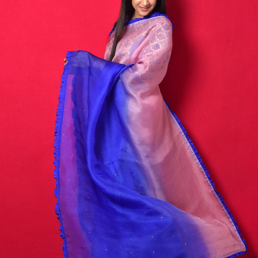 Shaded Organza Saree with Bandhani Blouse - Blue Pink