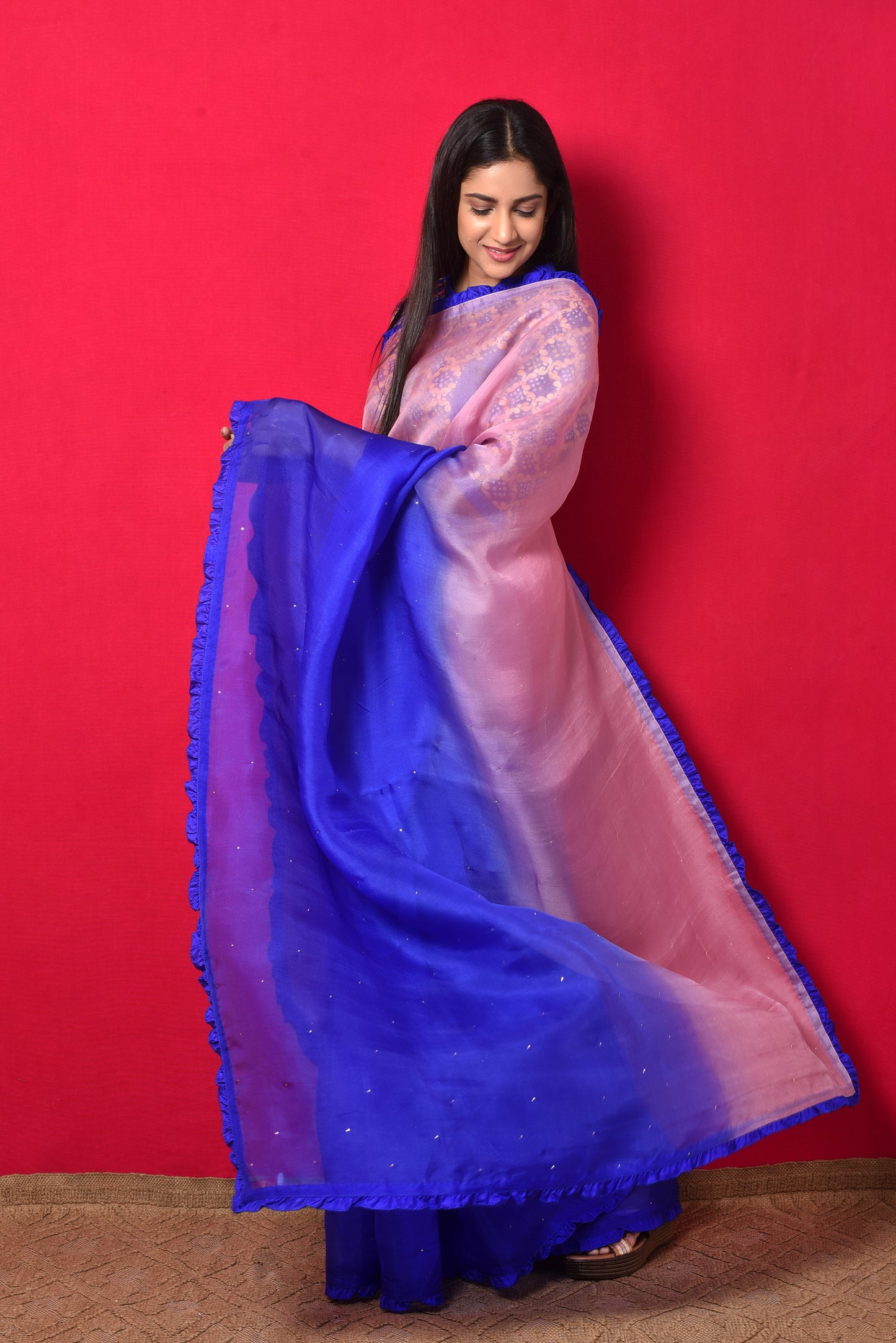 Shaded Organza Saree with Bandhani Blouse - Blue Pink