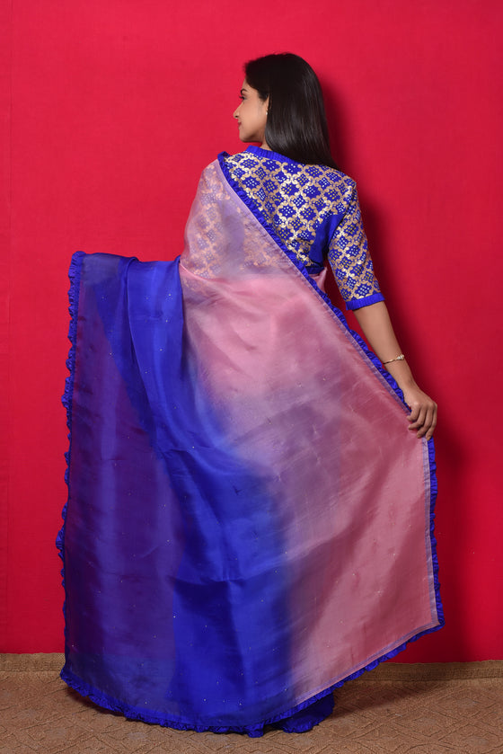 Shaded Organza Saree with Bandhani Blouse - Blue Pink