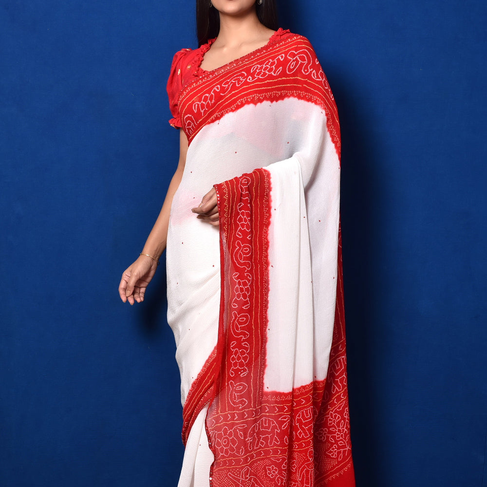 Classic Red and White Bandhani Chiffon Saree