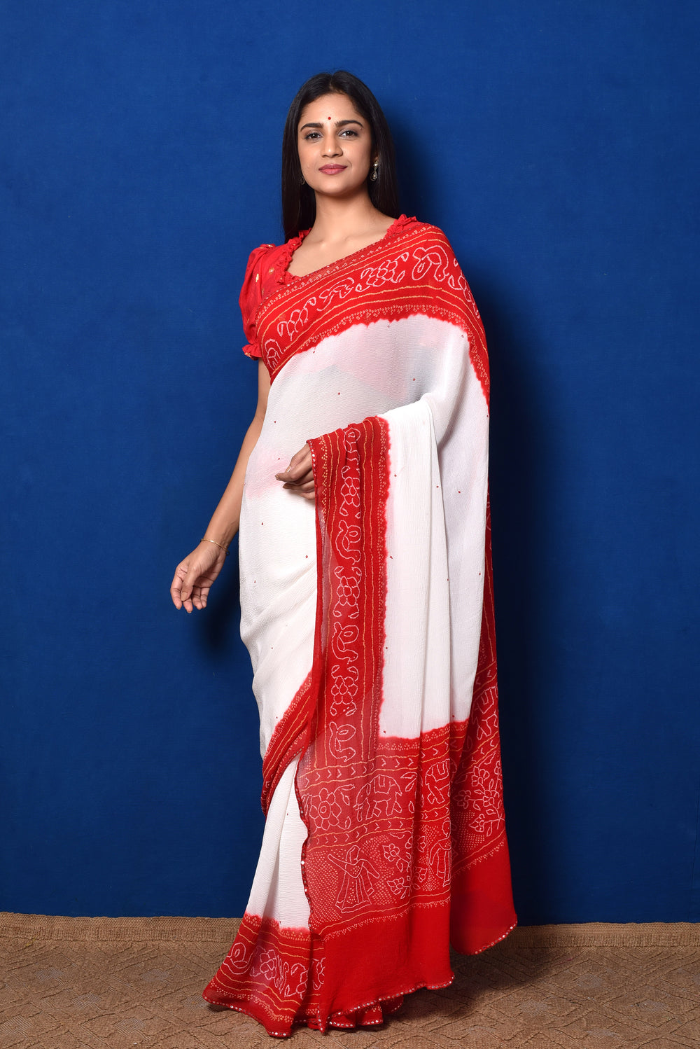 Classic Red and White Bandhani Chiffon Saree