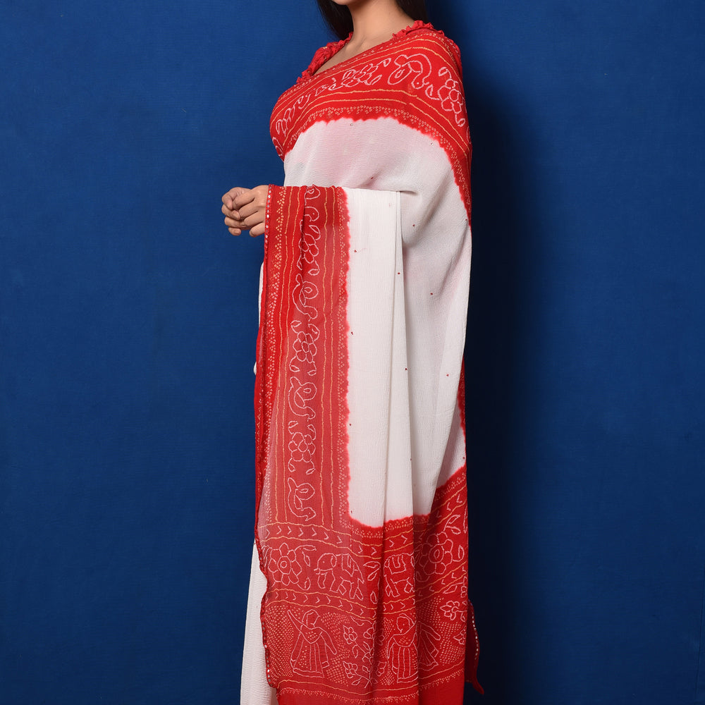 Classic Red and White Bandhani Chiffon Saree