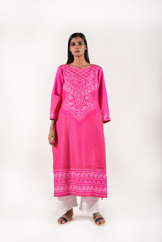 Intricate Bandhani on Pure Silk Kurta - Pink