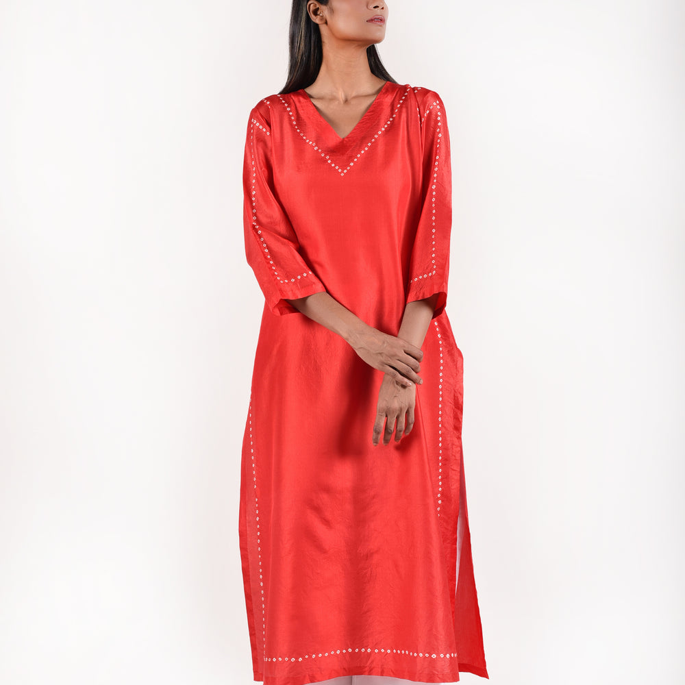 Red Bandhani Kurta in Pure Silk